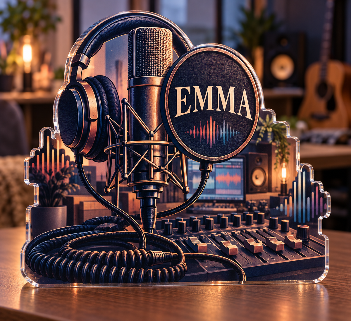 Artwork visualization: Home recording studio — retirement hobby gift, personalized EMMA, subject-shaped acrylic with printed optical 3D depth; not carved relief.