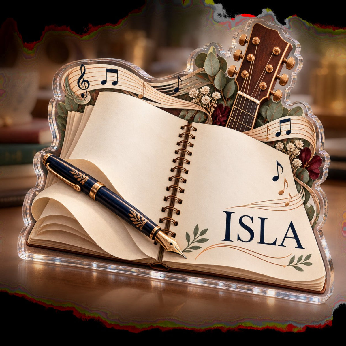 Personalized Songwriter Notebook Creative Desk Setup custom shape acrylic plaque with an example name set into the artwork, digital preview