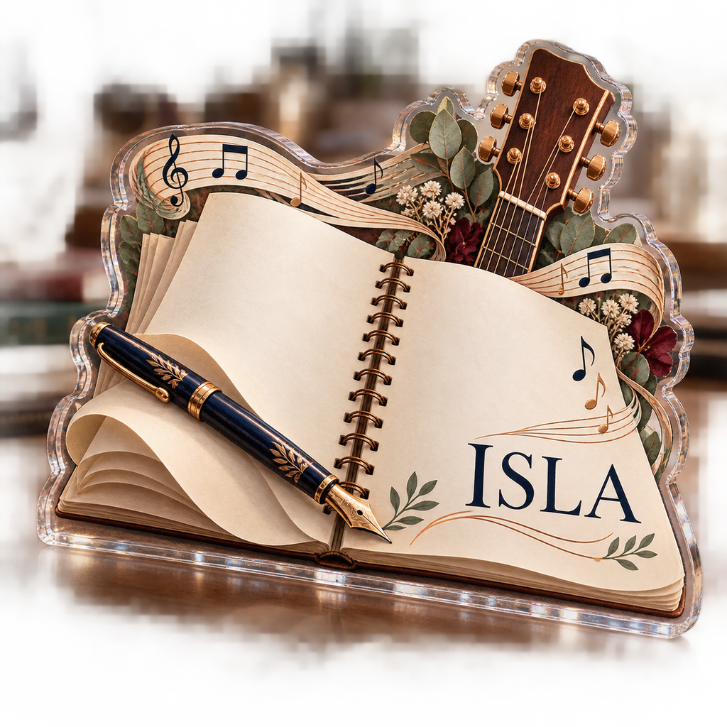 Artwork visualization: Songwriter notebook — creative desk setup, personalized ISLA, subject-shaped acrylic with printed optical 3D depth; not carved relief.