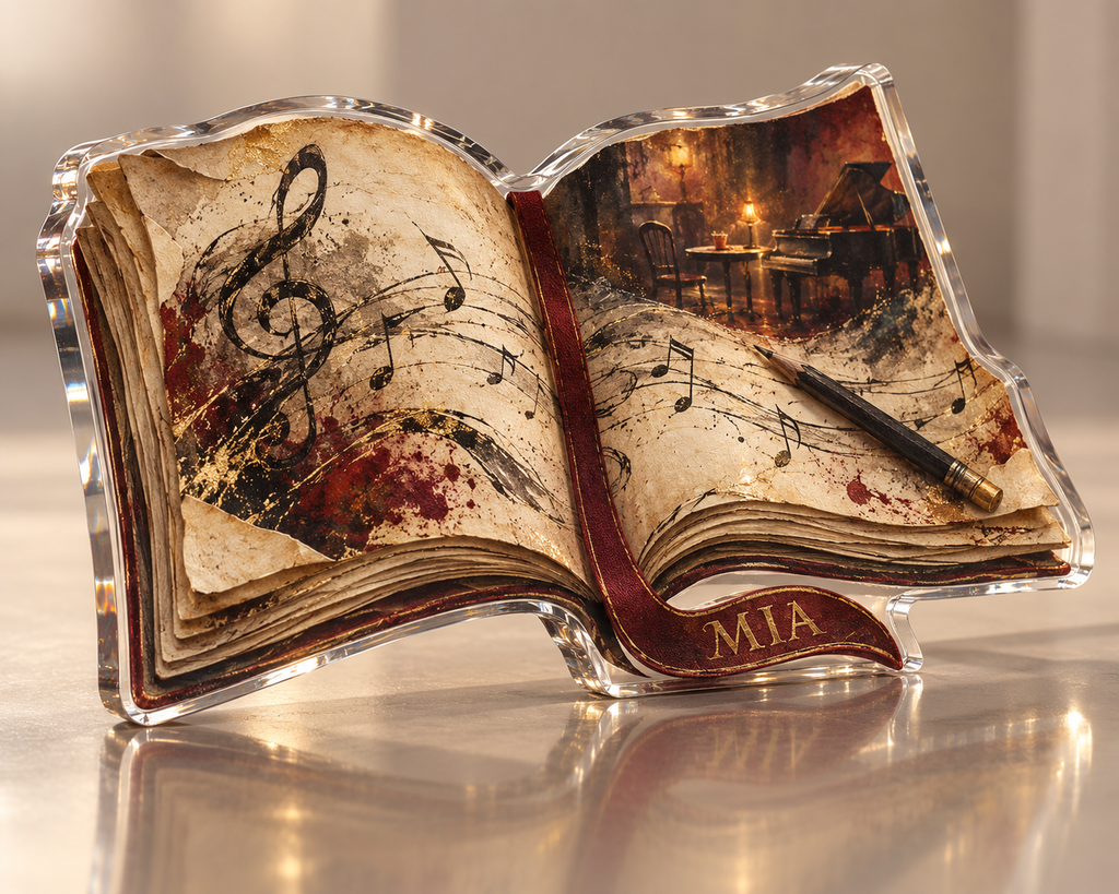 Artwork visualization: Songwriter notebook — club gathering keepsake, personalized MIA, subject-shaped acrylic with printed optical 3D depth; not carved relief.