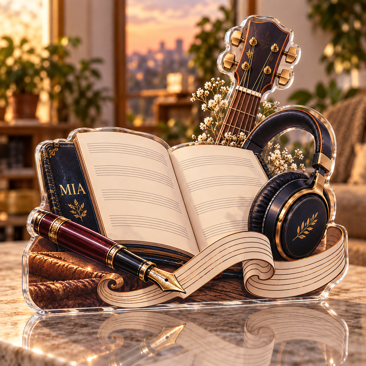 Artwork visualization: Songwriter notebook — beginner encouragement, personalized MIA, subject-shaped acrylic with printed optical 3D depth; not carved relief.
