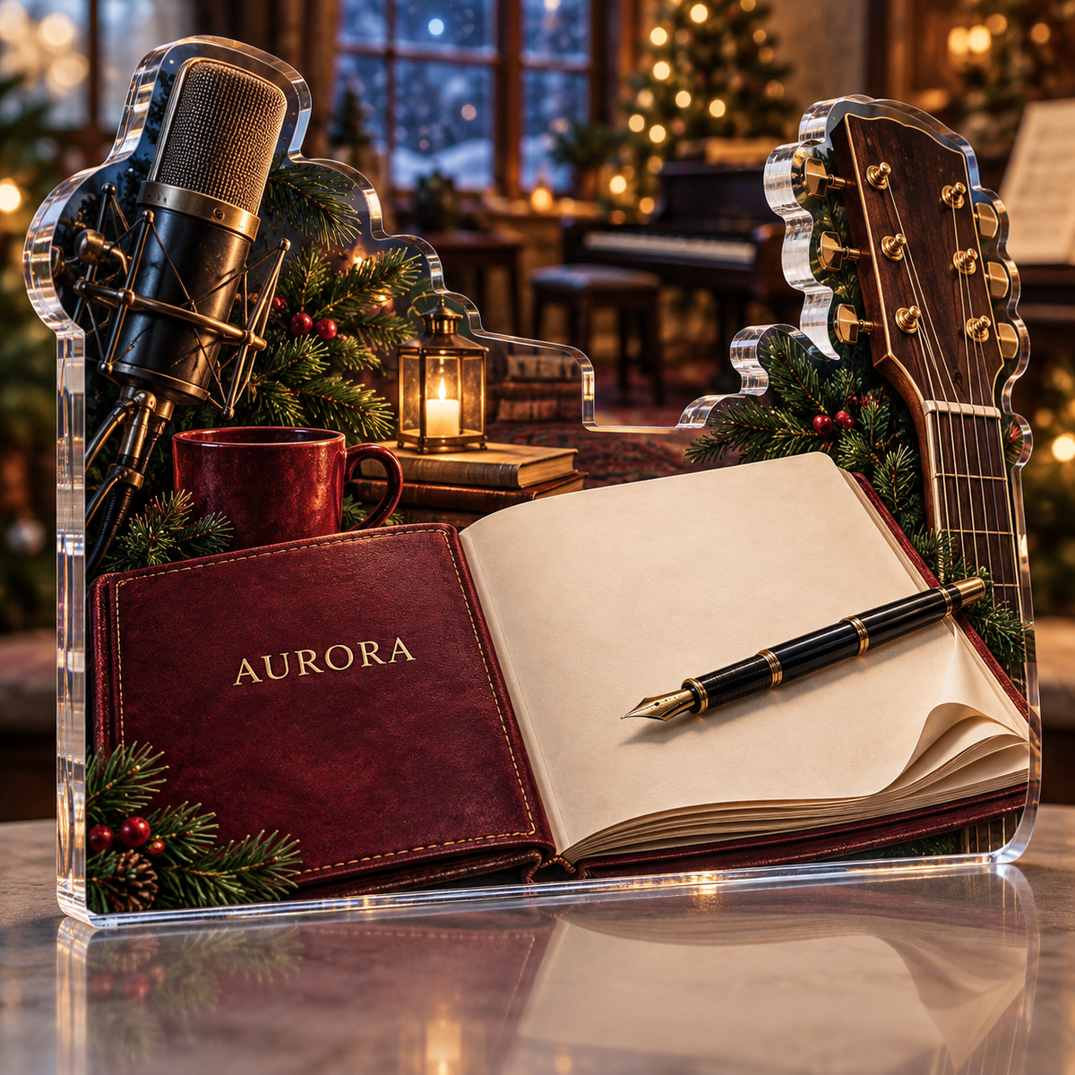 Artwork visualization: Songwriter notebook — mentor appreciation, personalized AURORA, subject-shaped acrylic with printed optical 3D depth; not carved relief.