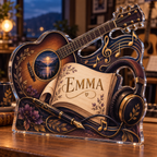 Artwork visualization: Songwriter notebook — retirement hobby gift, personalized EMMA, subject-shaped acrylic with printed optical 3D depth; not carved relief.