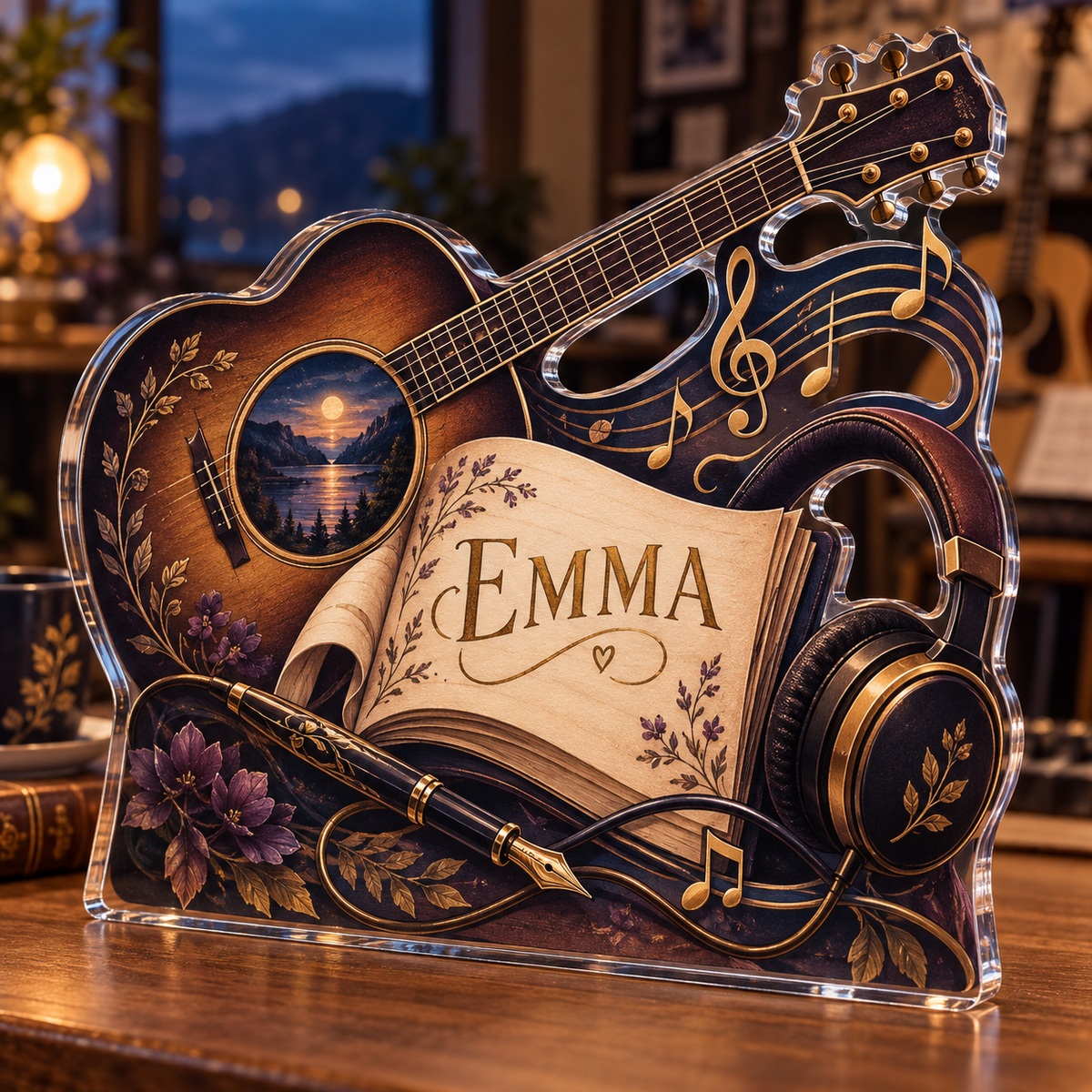 Artwork visualization: Songwriter notebook — retirement hobby gift, personalized EMMA, subject-shaped acrylic with printed optical 3D depth; not carved relief.