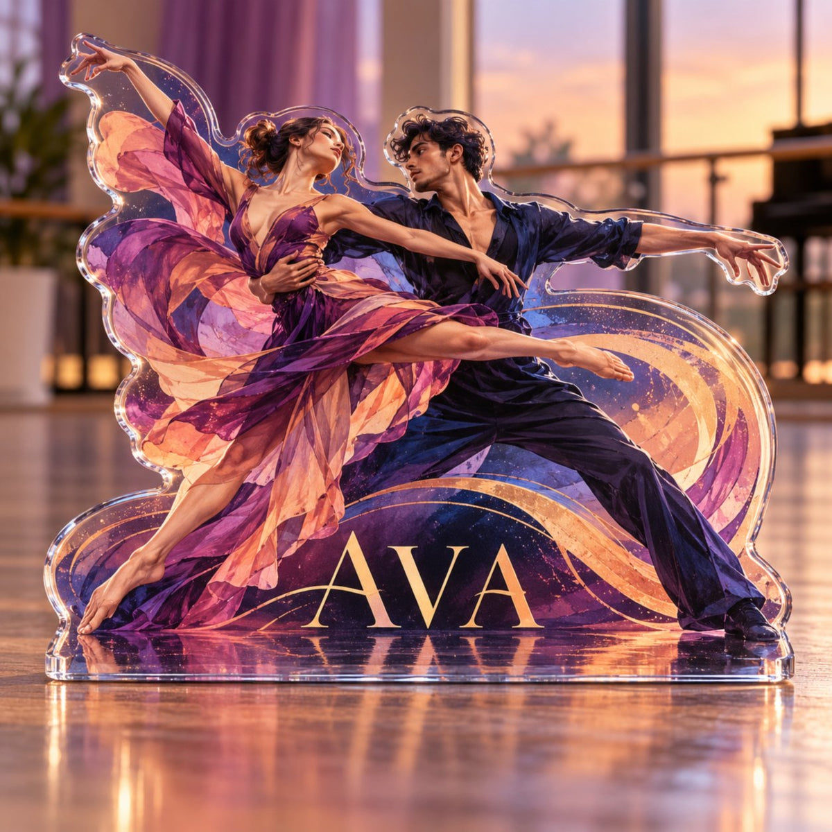 Personalized Dance Rhythm Studio Wall Identity custom shape acrylic plaque with an example name set into the artwork, digital preview