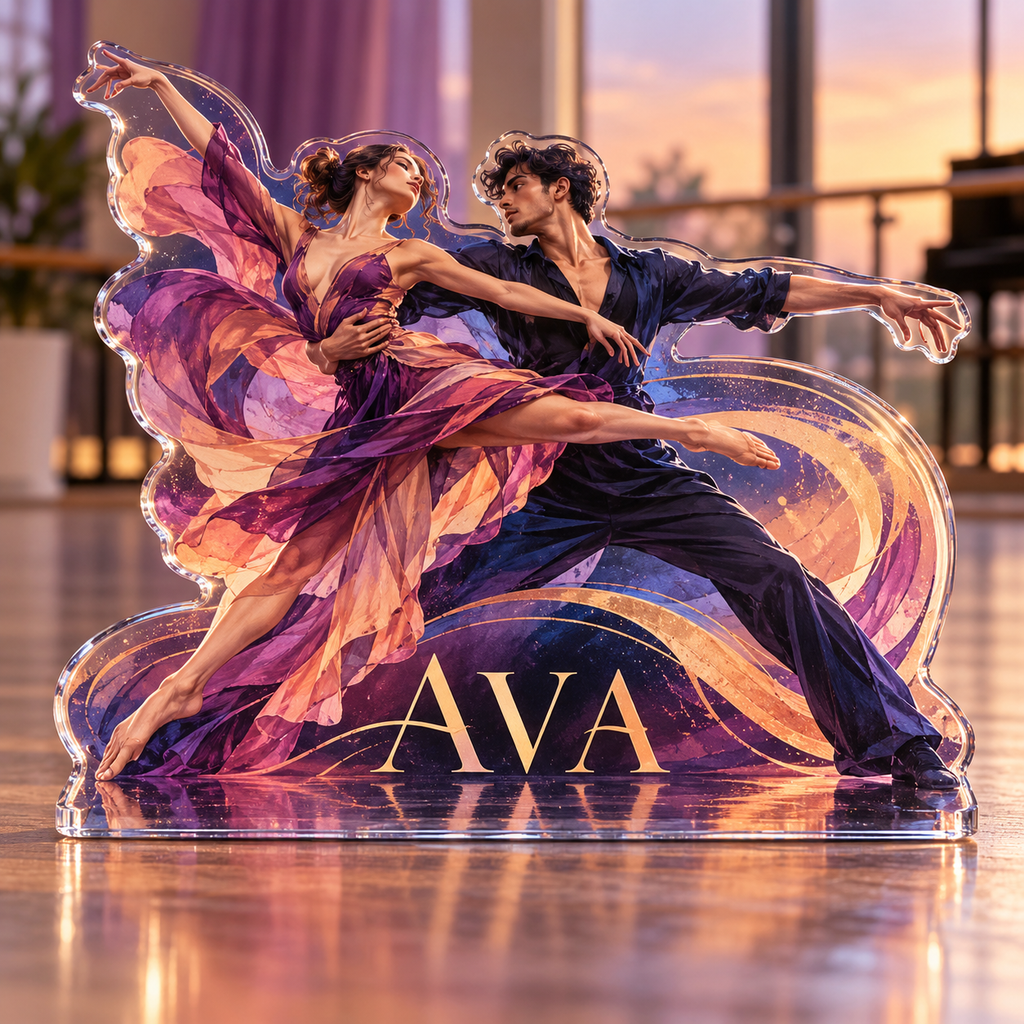 Artwork visualization: Dance rhythm — studio wall identity, personalized AVA, subject-shaped acrylic with printed optical 3D depth; not carved relief.