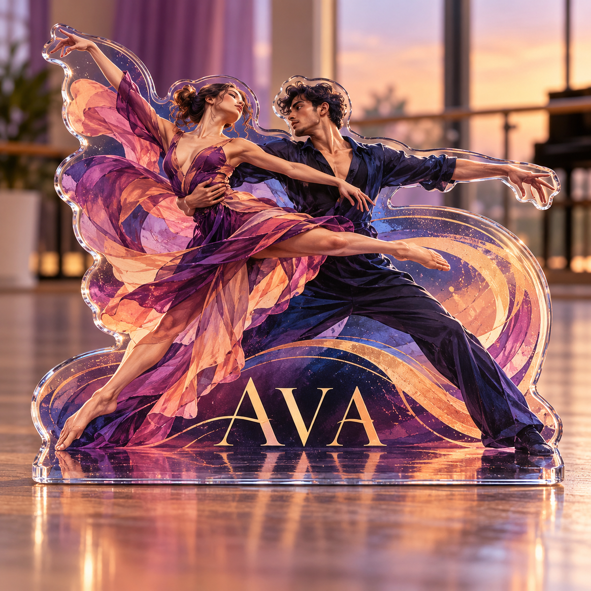 Artwork visualization: Dance rhythm — studio wall identity, personalized AVA, subject-shaped acrylic with printed optical 3D depth; not carved relief.