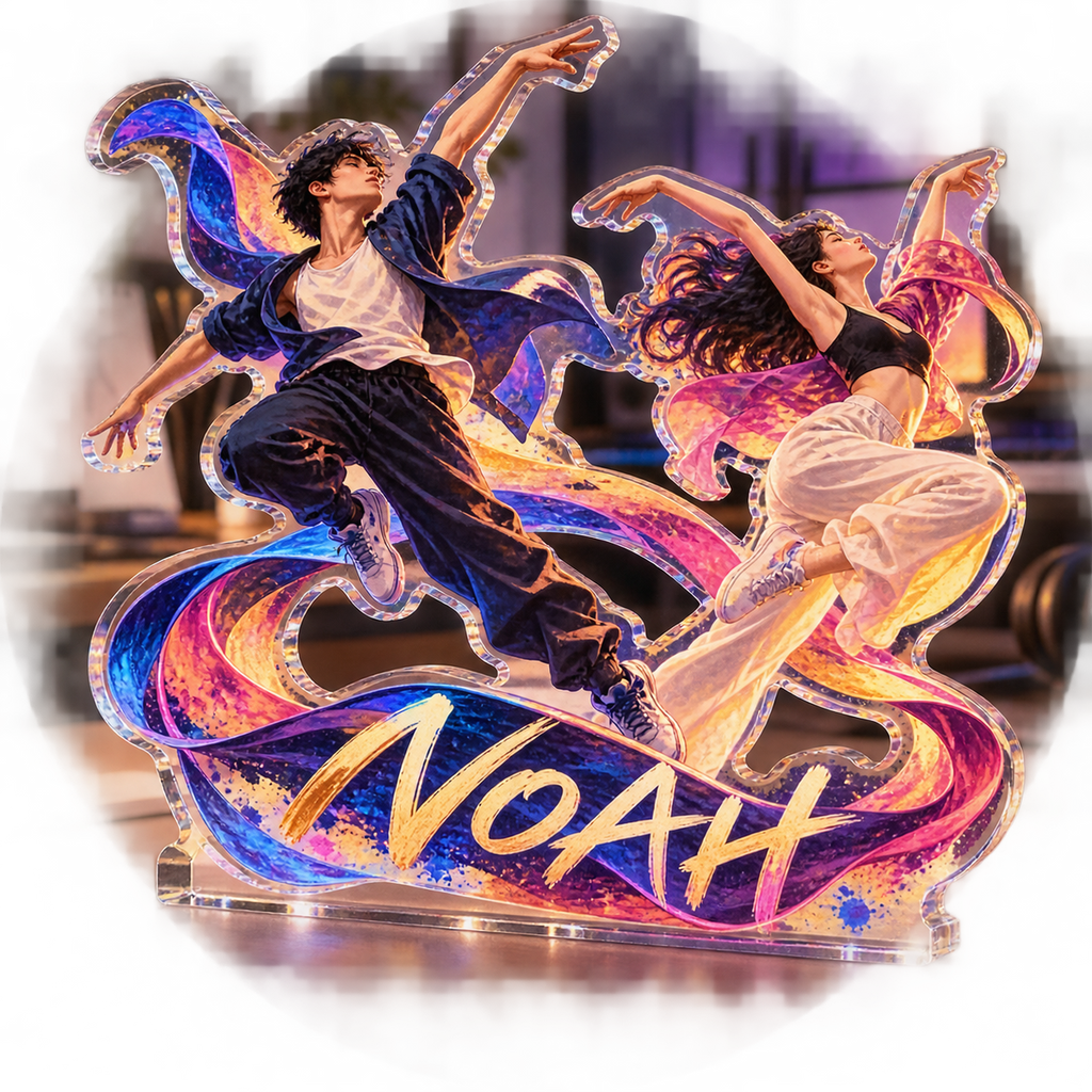 Artwork visualization: Dance rhythm — creative desk setup, personalized NOAH, subject-shaped acrylic with printed optical 3D depth; not carved relief.