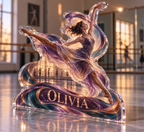 Artwork visualization: Dance rhythm — everyday hobby identity, personalized OLIVIA, subject-shaped acrylic with printed optical 3D depth; not carved relief.