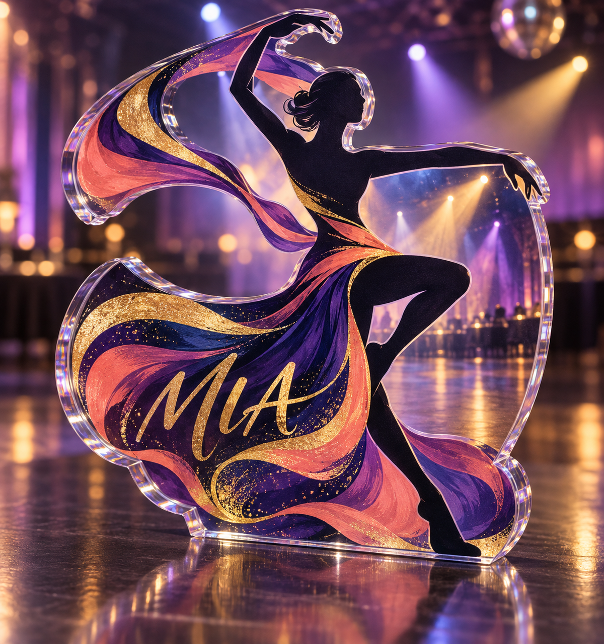 Artwork visualization: Dance rhythm — club gathering keepsake, personalized MIA, subject-shaped acrylic with printed optical 3D depth; not carved relief.