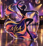 Artwork visualization: Dance rhythm — club gathering keepsake, personalized MIA, subject-shaped acrylic with printed optical 3D depth; not carved relief.