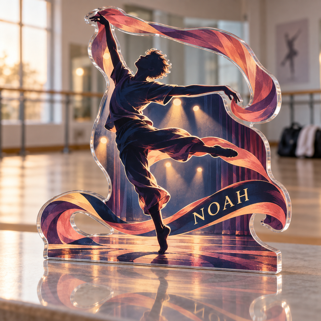 Artwork visualization: Dance rhythm — beginner encouragement, personalized NOAH, subject-shaped acrylic with printed optical 3D depth; not carved relief.