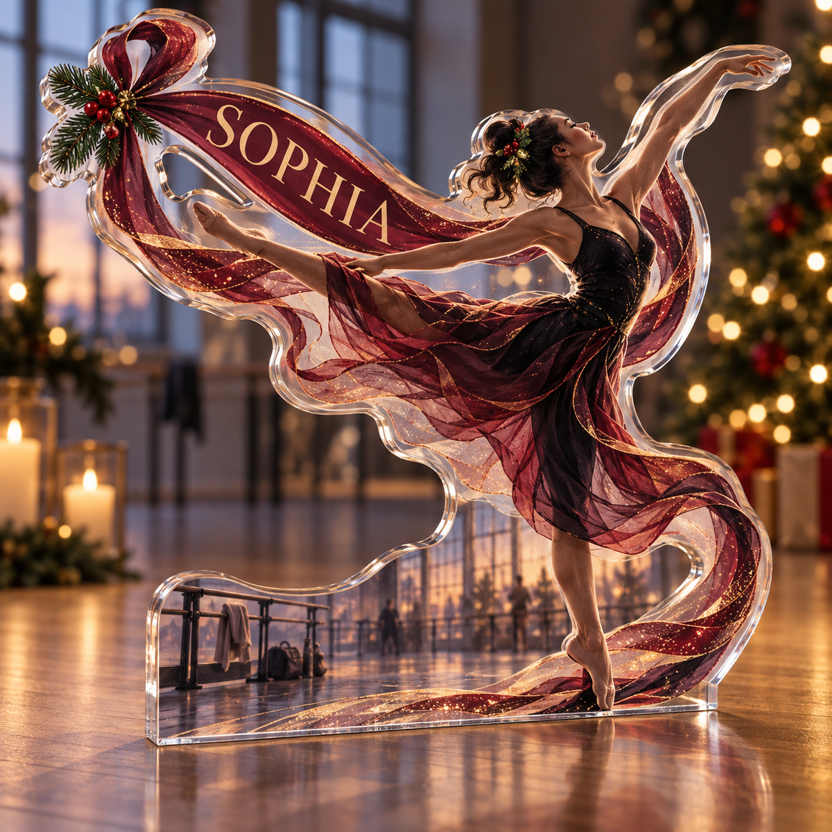 Artwork visualization: Dance rhythm — mentor appreciation, personalized SOPHIA, subject-shaped acrylic with printed optical 3D depth; not carved relief.