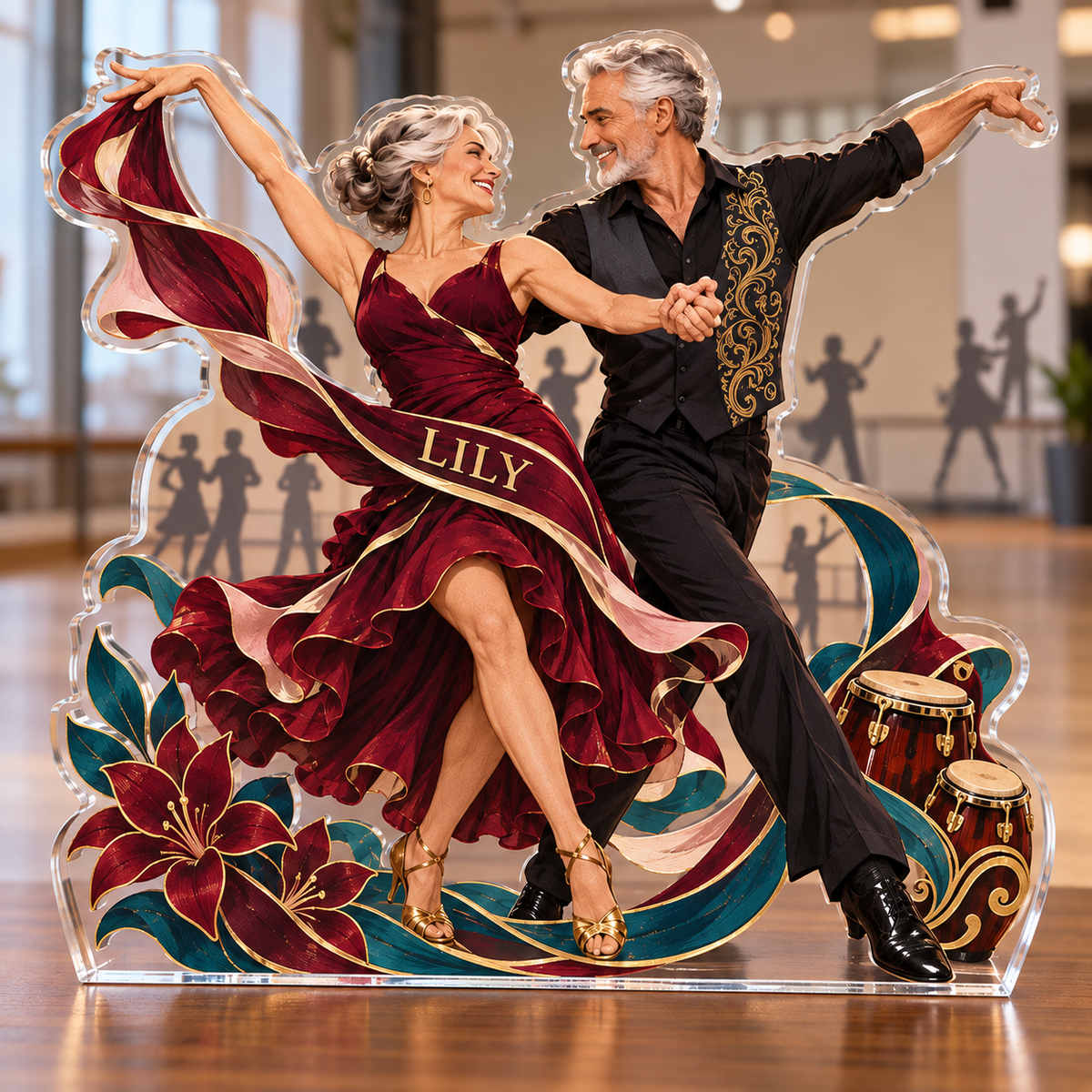 Artwork visualization: Dance rhythm — retirement hobby gift, personalized LILY, subject-shaped acrylic with printed optical 3D depth; not carved relief.