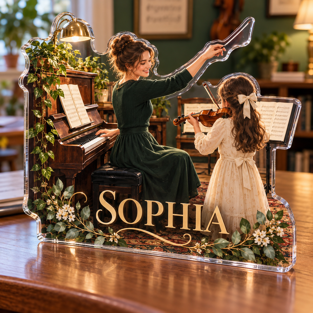 Artwork visualization: Music teacher studio — studio wall identity, personalized SOPHIA, subject-shaped acrylic with printed optical 3D depth; not carved relief.