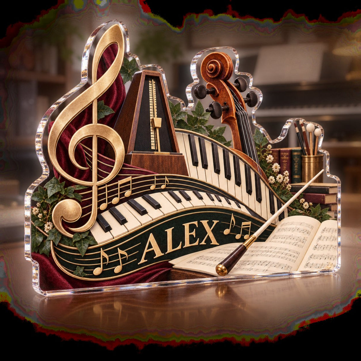 Personalized Music Teacher Studio Creative Desk Setup custom shape acrylic plaque with an example name set into the artwork, digital preview