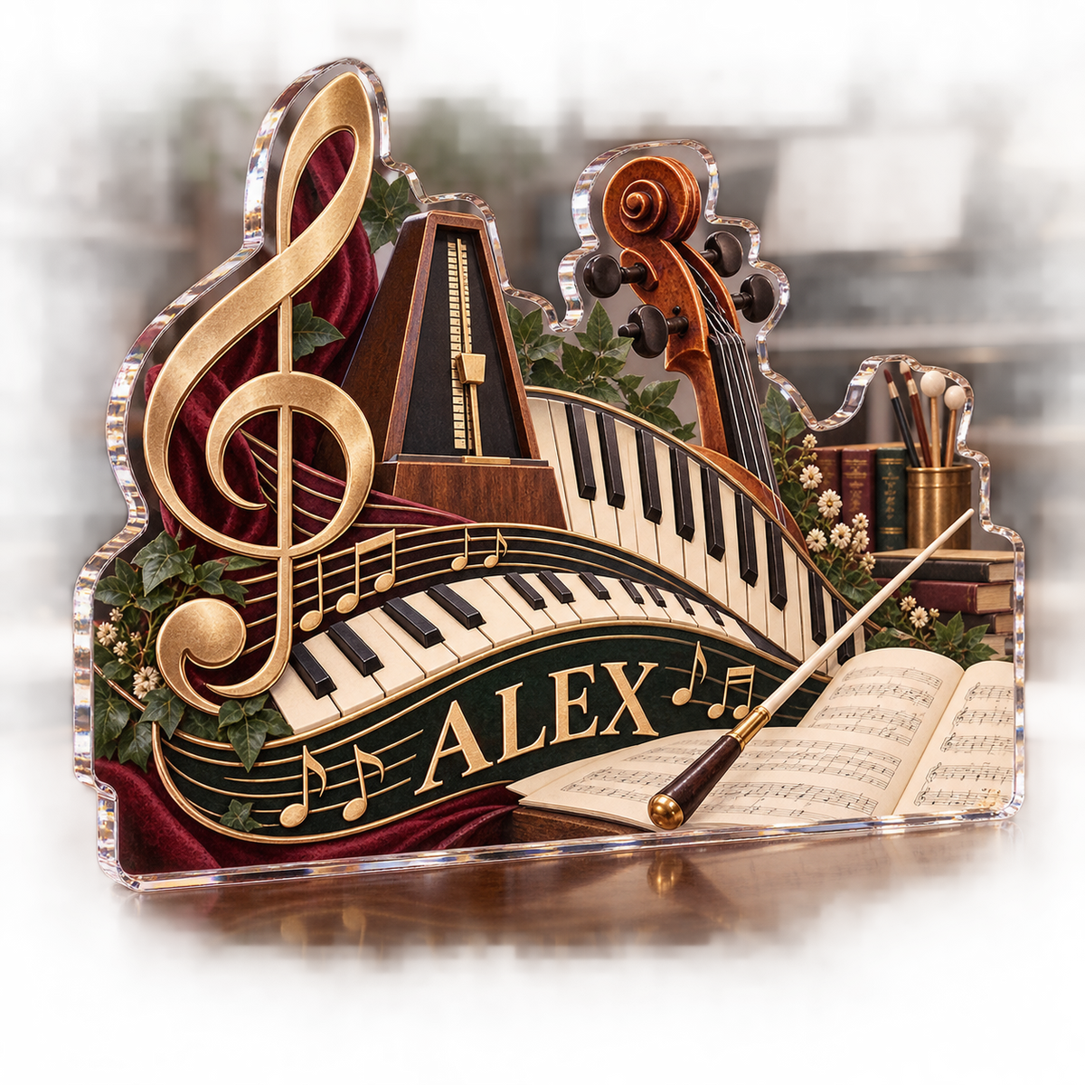 Artwork visualization: Music teacher studio — creative desk setup, personalized ALEX, subject-shaped acrylic with printed optical 3D depth; not carved relief.