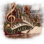 Artwork visualization: Music teacher studio — creative desk setup, personalized ALEX, subject-shaped acrylic with printed optical 3D depth; not carved relief.