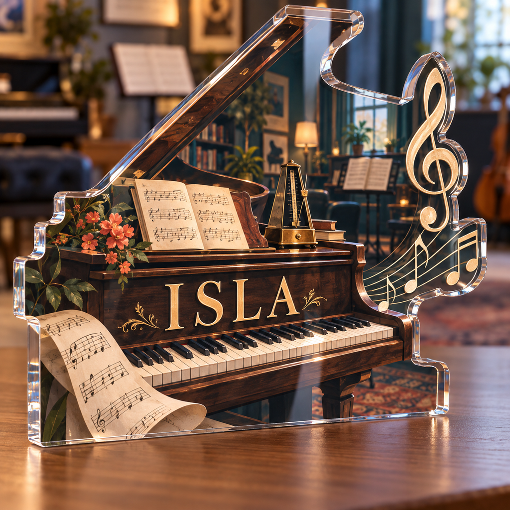 Artwork visualization: Music teacher studio — beginner encouragement, personalized ISLA, subject-shaped acrylic with printed optical 3D depth; not carved relief.