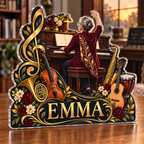 Artwork visualization: Music teacher studio — retirement hobby gift, personalized EMMA, subject-shaped acrylic with printed optical 3D depth; not carved relief.