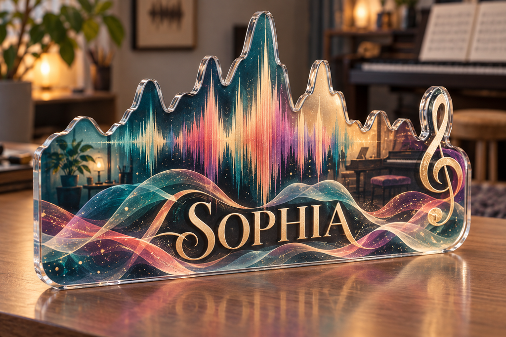 Artwork visualization: Original soundwave art — beginner encouragement, personalized SOPHIA, subject-shaped acrylic with printed optical 3D depth; not carved relief.