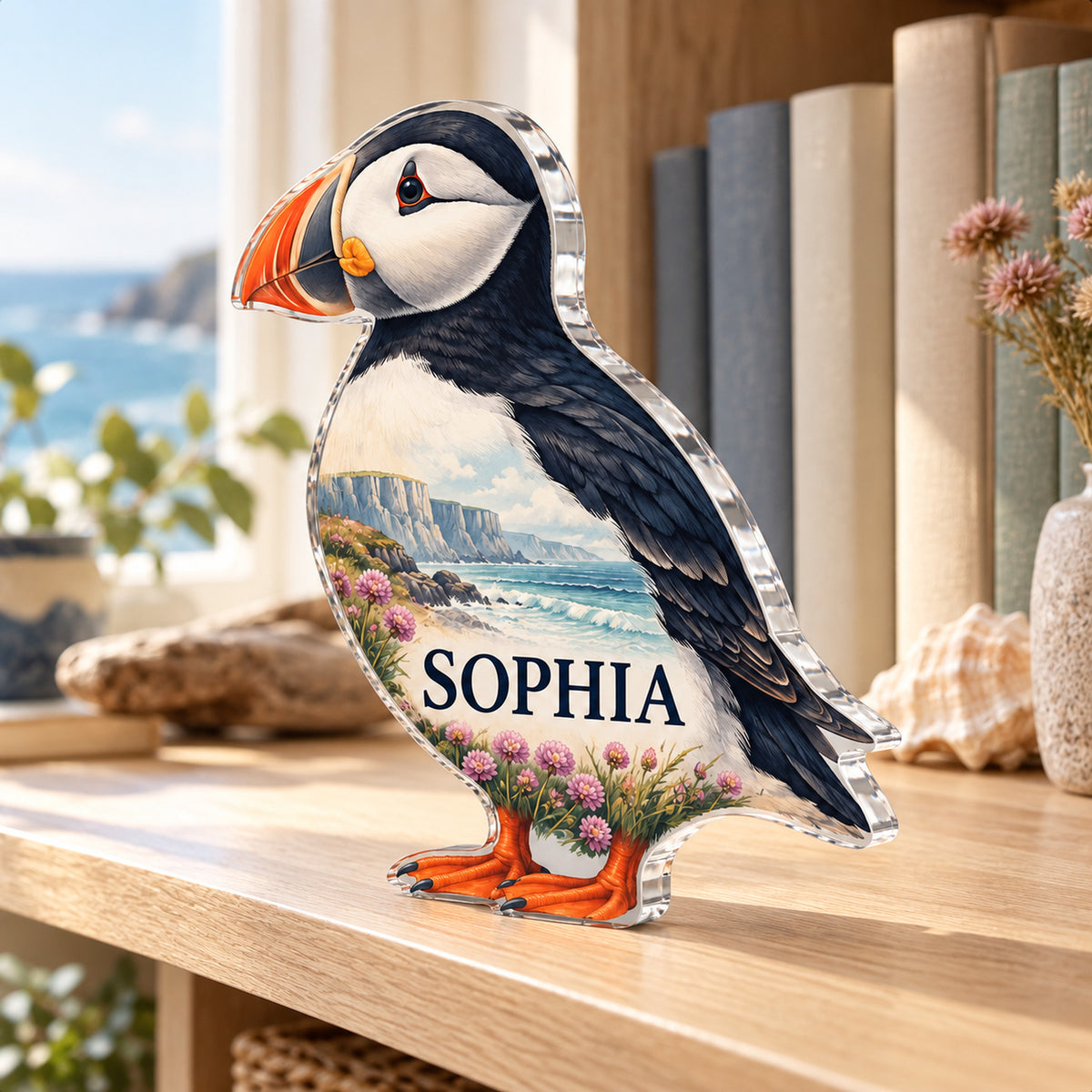 Personalized puffin acrylic plaque displayed on an oak bookshelf in a coastal reading room