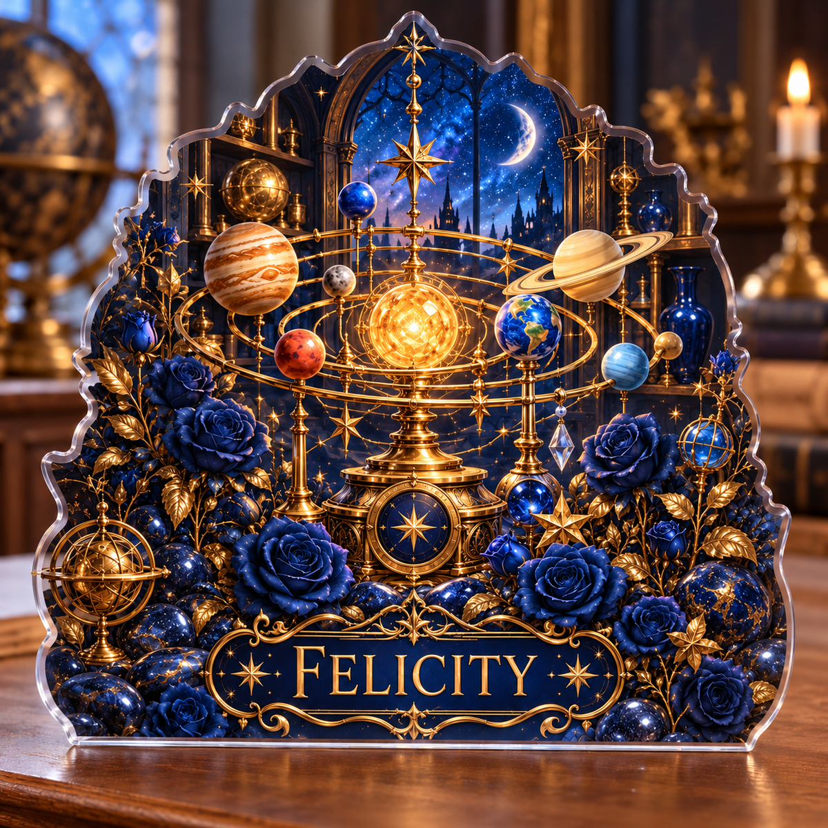 Front view of personalized celestial orrery rose library acrylic plaque with sample name FELICITY, displayed in a softly blurred astronomy study with unlettered decor