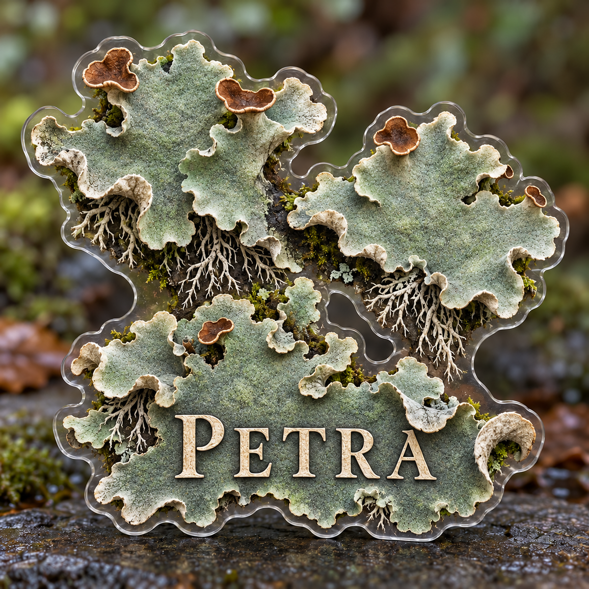 Front view of personalized peltigera dog lichen acrylic plaque with sample name PETRA, displayed in a softly blurred damp woodland glade