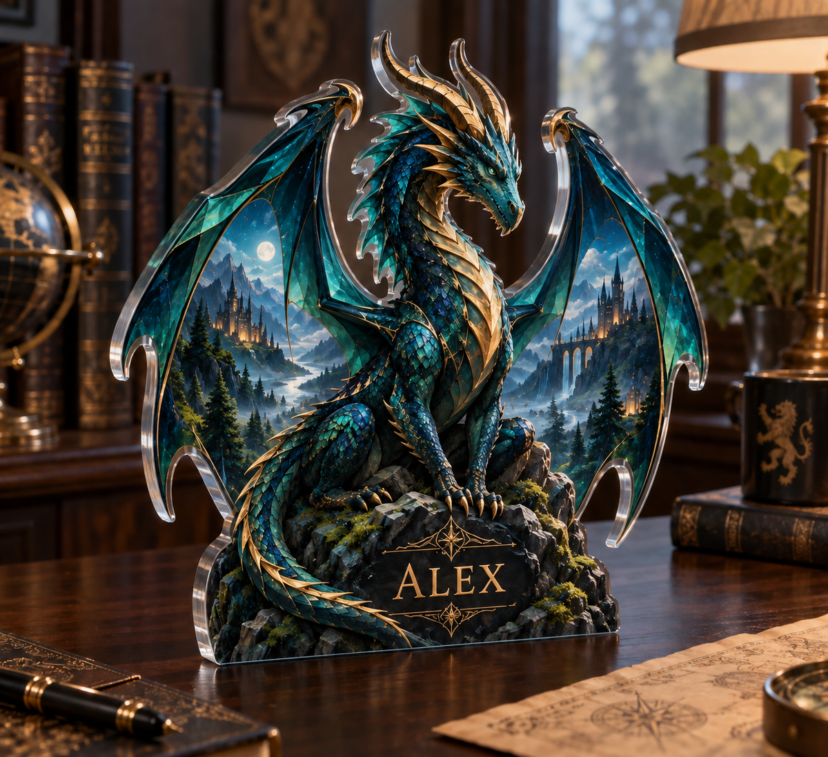 Personalized Dragon custom shape acrylic plaque with an example name set into the artwork, digital preview