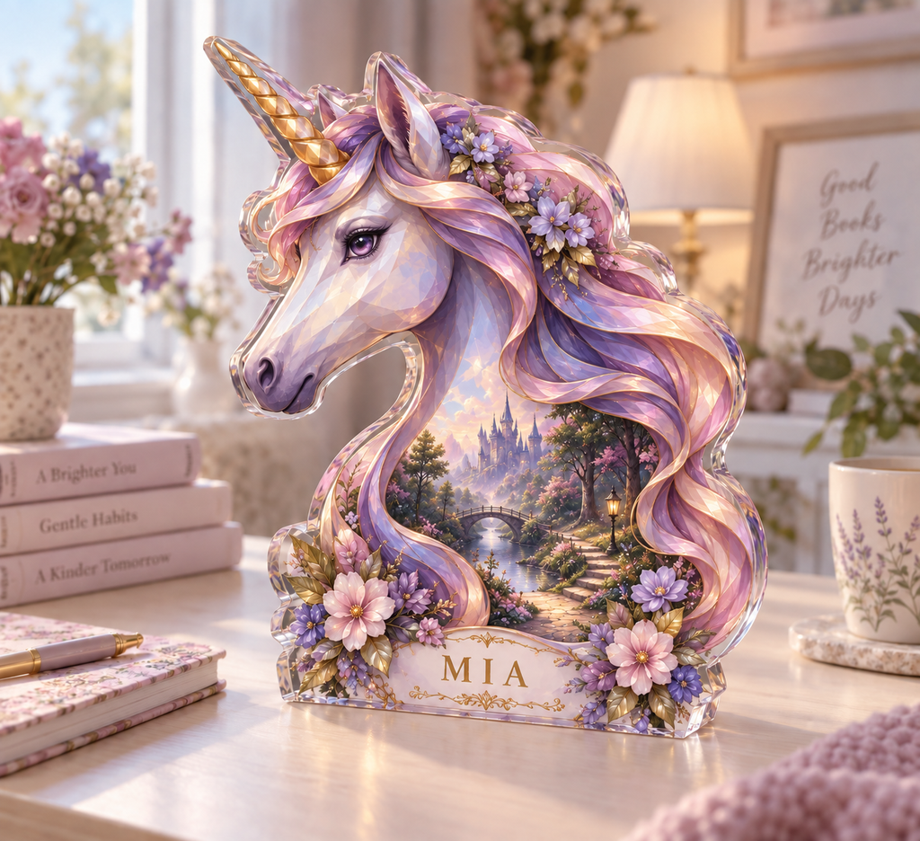 Personalized Unicorn custom shape acrylic plaque with an example name set into the artwork, digital preview