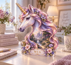 Personalized Unicorn custom shape acrylic plaque with an example name set into the artwork, digital preview