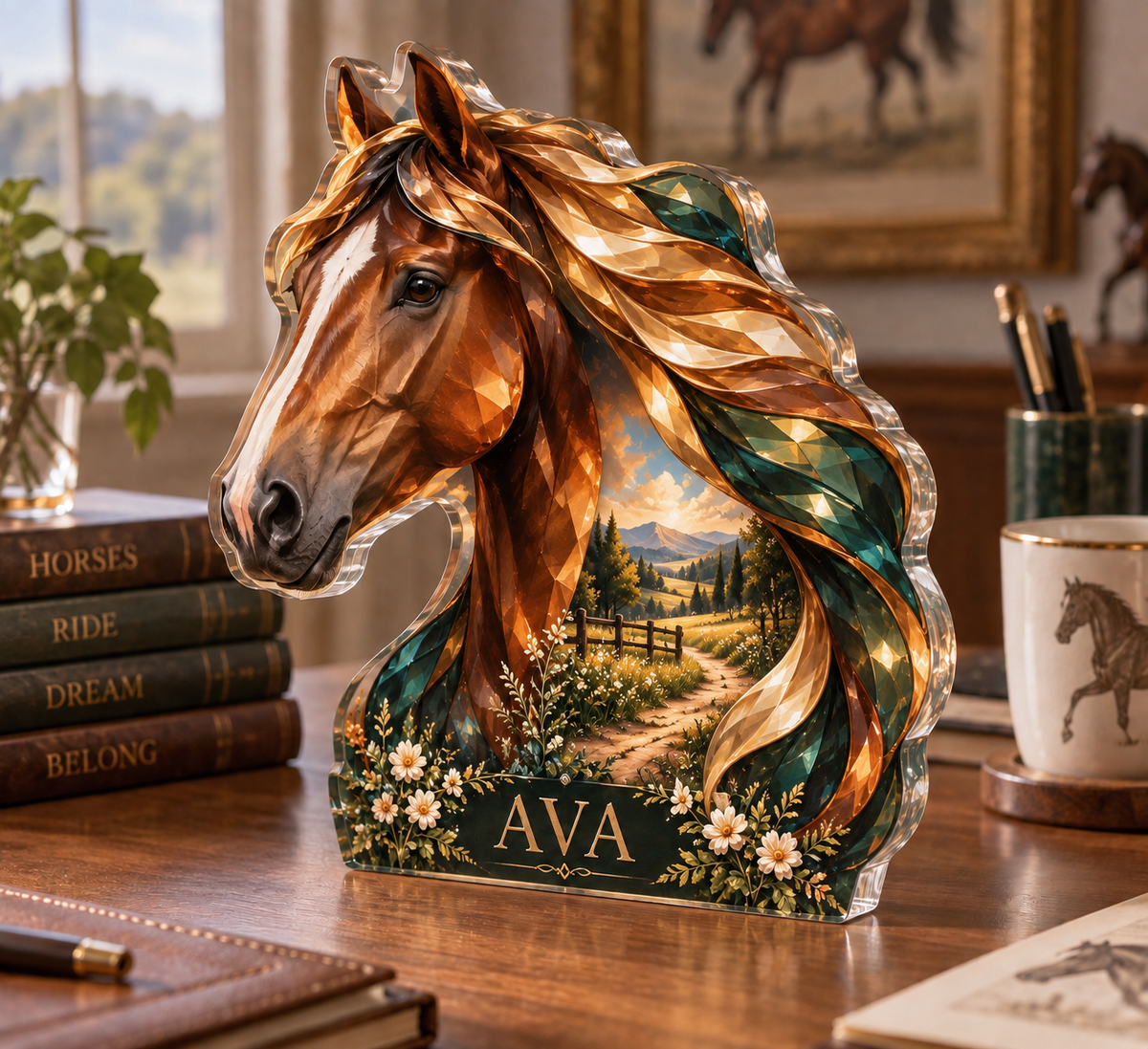 Personalized Horse custom shape acrylic plaque with an example name set into the artwork, digital preview