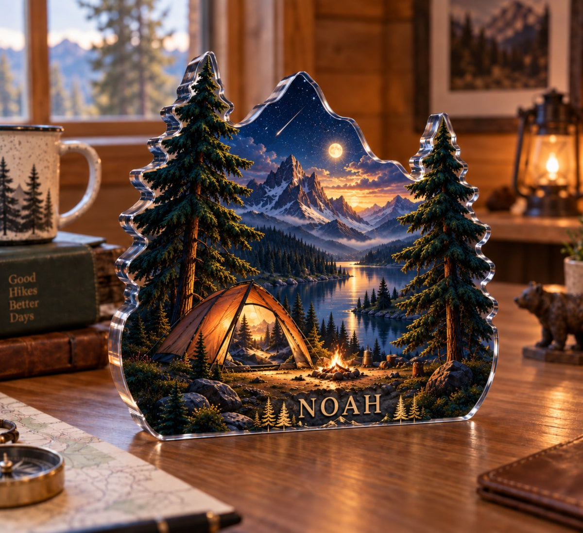 Personalized Camping Under Stars custom shape acrylic plaque with an example name set into the artwork, digital preview
