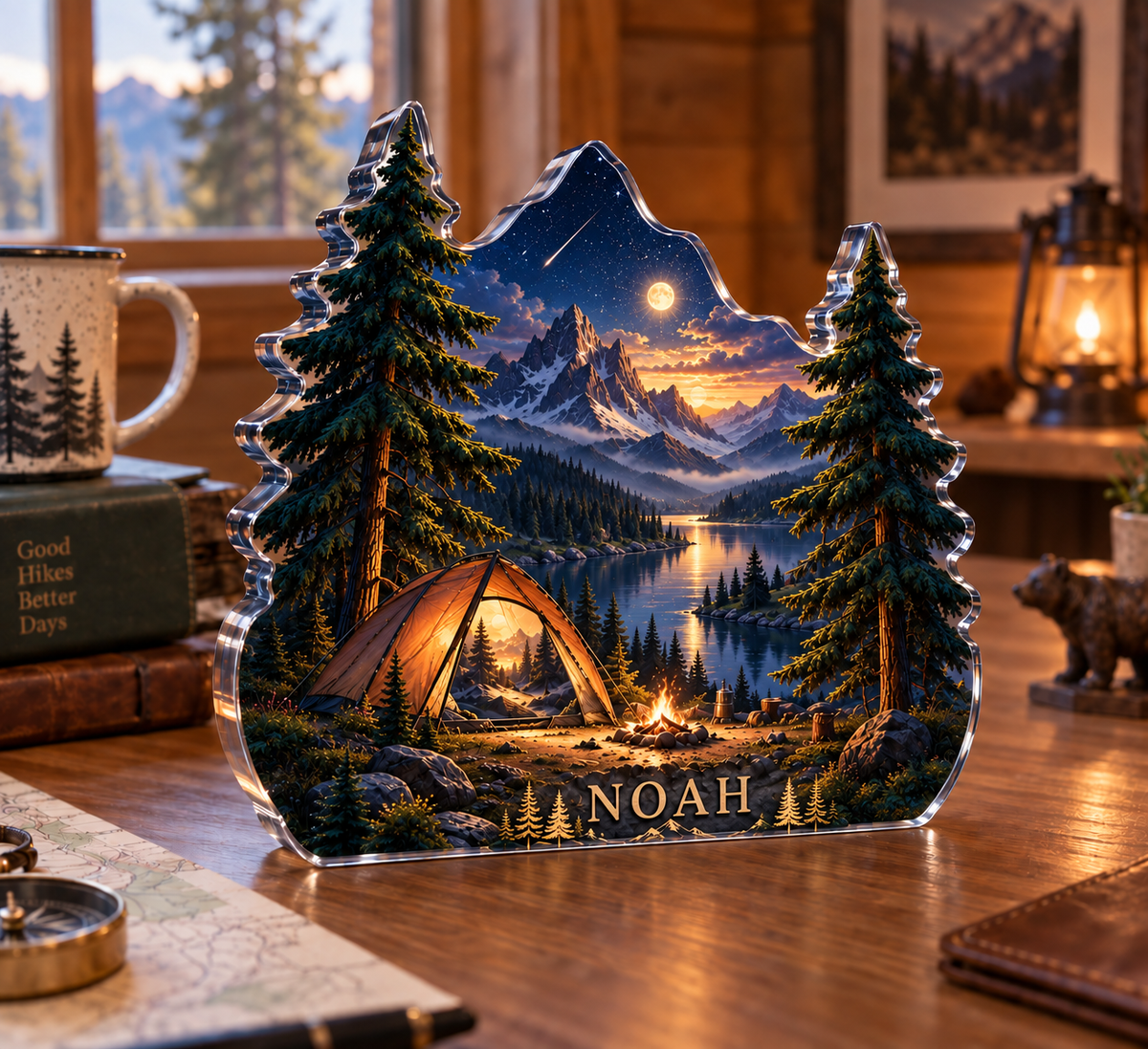 Personalized Camping Under Stars custom shape acrylic plaque with an example name set into the artwork, digital preview