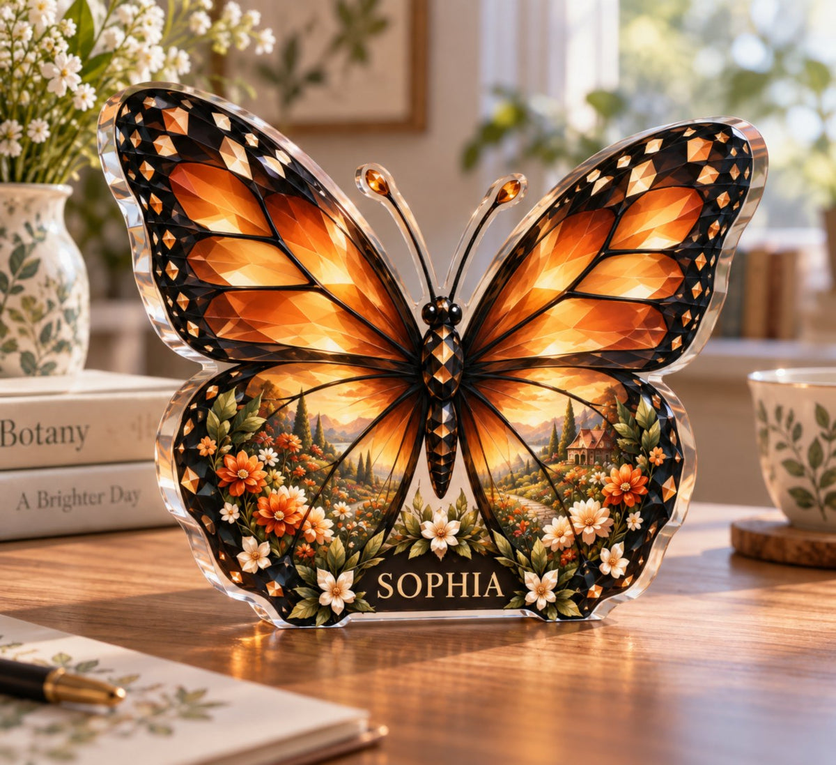 Personalized Monarch Butterfly custom shape acrylic plaque with an example name set into the artwork, digital preview