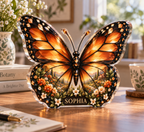 Personalized Monarch Butterfly custom shape acrylic plaque with an example name set into the artwork, digital preview