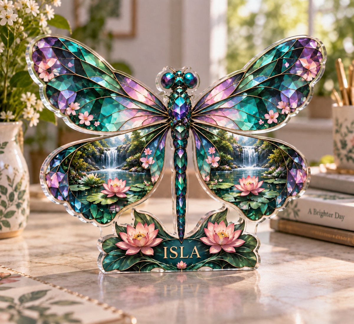 Personalized Dragonfly custom shape acrylic plaque with an example name set into the artwork, digital preview