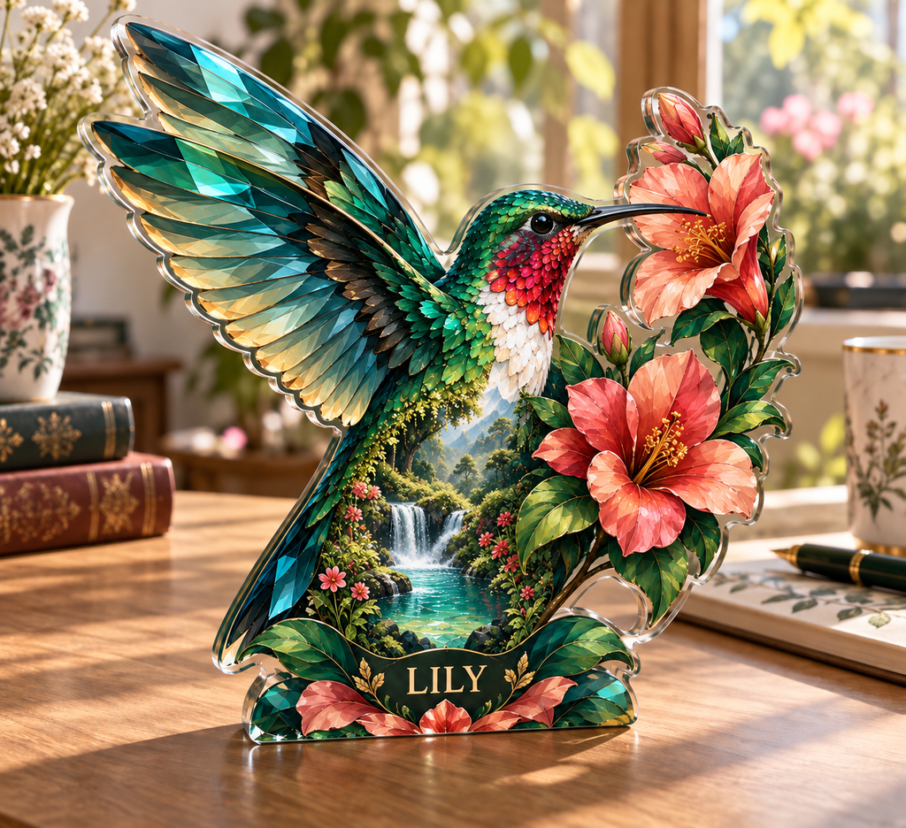 Personalized Hummingbird custom shape acrylic plaque with an example name set into the artwork, digital preview