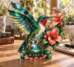 Personalized Hummingbird custom shape acrylic plaque with an example name set into the artwork, digital preview