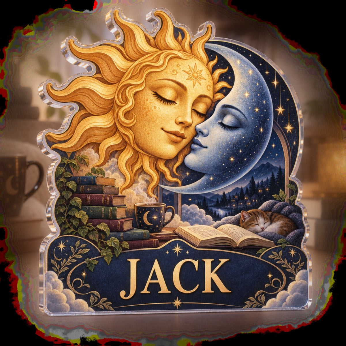 Personalized Sun & Moon Reading Nook custom shape acrylic plaque with an example name set into the artwork, digital preview