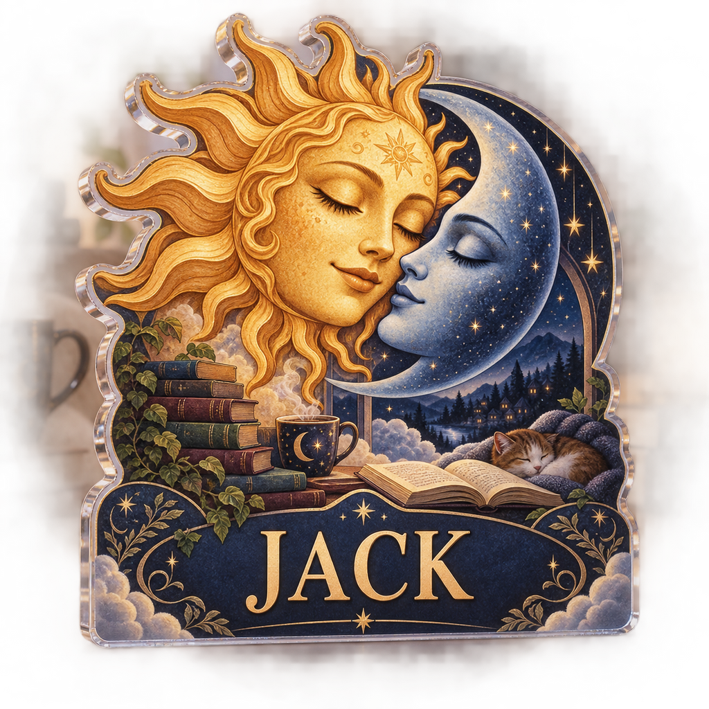 Personalized Sun & Moon Reading Nook custom shape acrylic plaque with an example name set into the artwork, digital preview