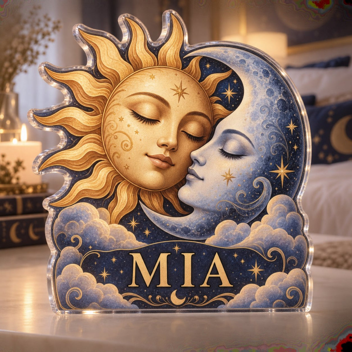 Personalized Sun & Moon Bedroom Statement custom shape acrylic plaque with an example name set into the artwork, digital preview