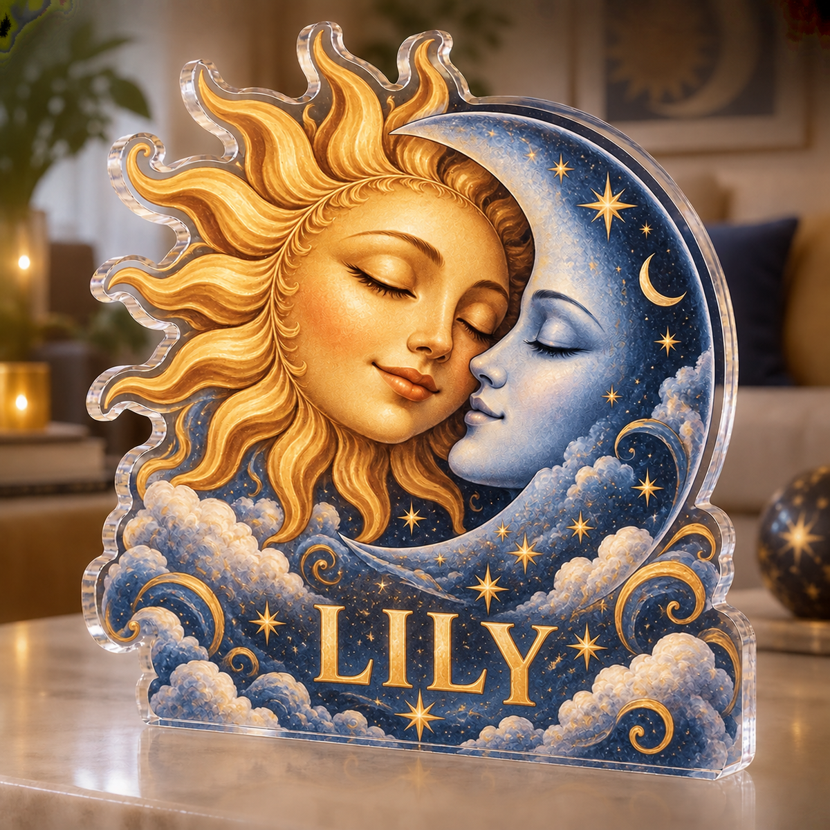 Personalized Sun & Moon Living Room Focal Point custom shape acrylic plaque with an example name set into the artwork, digital preview