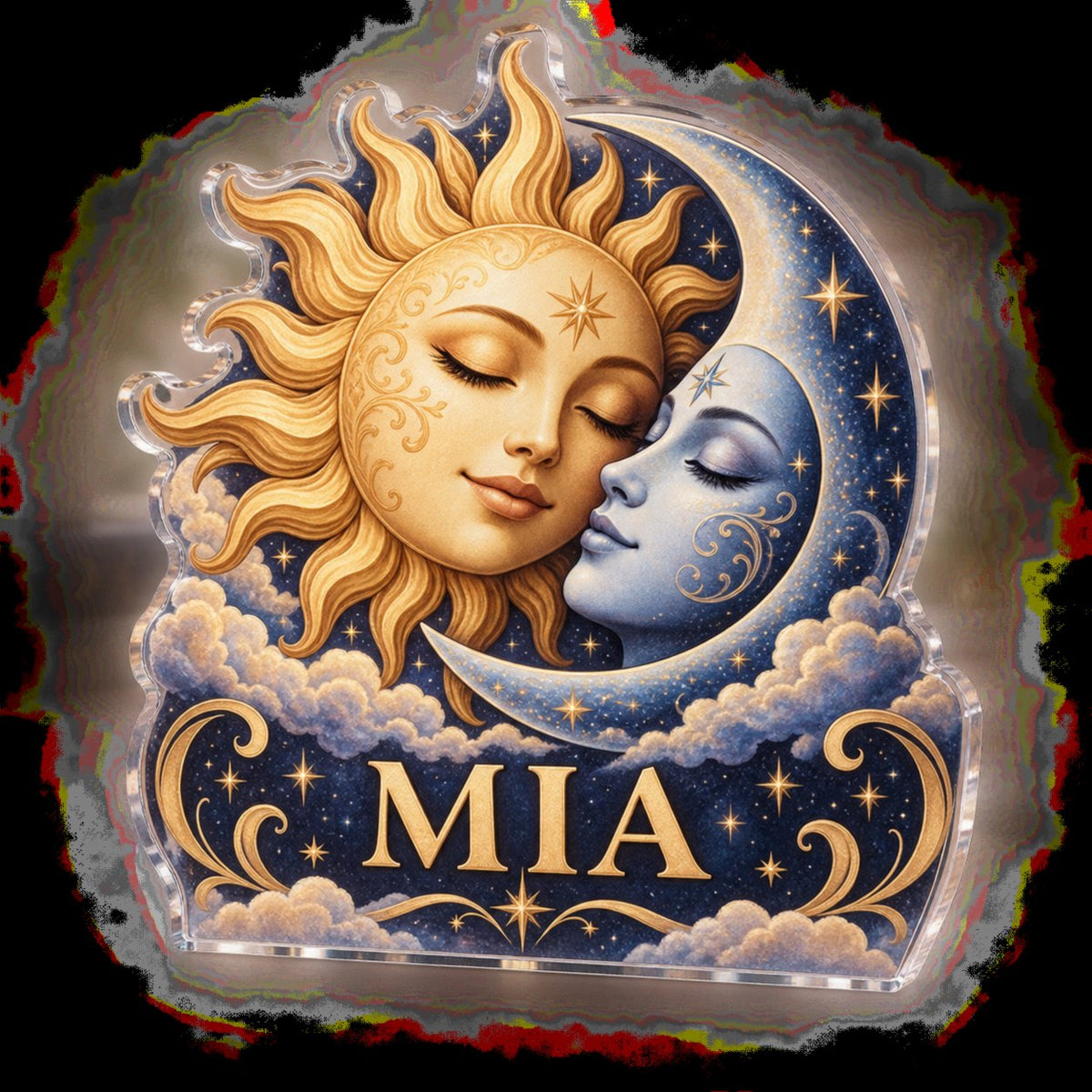 Personalized Sun & Moon Home Office Backdrop custom shape acrylic plaque with an example name set into the artwork, digital preview