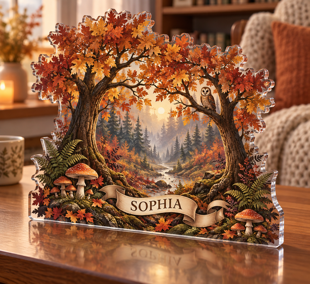 Artwork visualization: Autumn forest canopy — quiet corner decoration, personalized SOPHIA, subject-shaped acrylic with printed optical 3D depth; not carved relief.