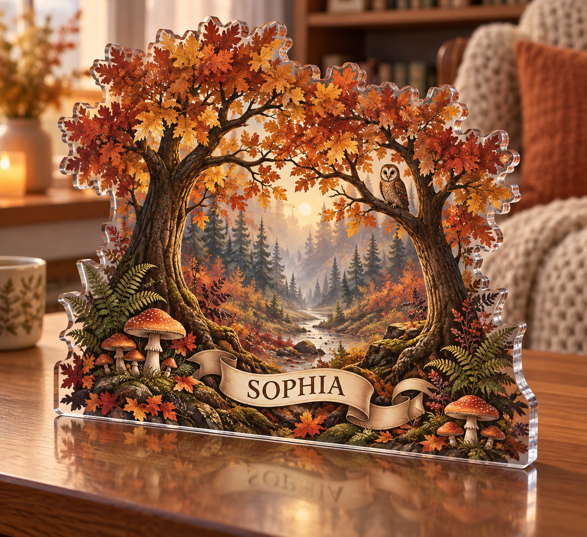 Artwork visualization: Autumn forest canopy — quiet corner decoration, personalized SOPHIA, subject-shaped acrylic with printed optical 3D depth; not carved relief.