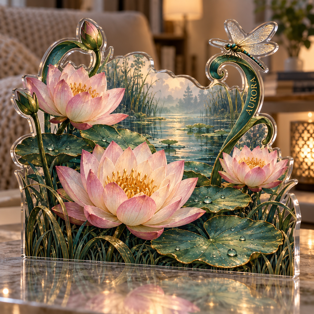 Artwork visualization: Water lily pond — quiet corner decoration, personalized AURORA, subject-shaped acrylic with printed optical 3D depth; not carved relief.