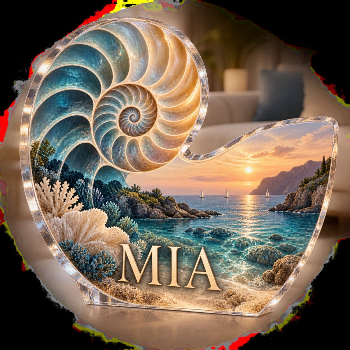 Personalized Nautilus Spiral Living Room Focal Point custom shape acrylic plaque with an example name set into the artwork, digital preview
