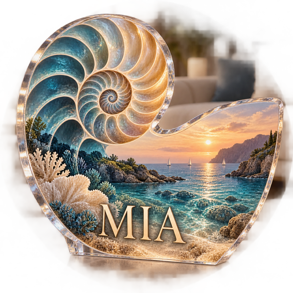 Artwork visualization: Nautilus spiral — living room focal point, personalized MIA, subject-shaped acrylic with printed optical 3D depth; not carved relief.