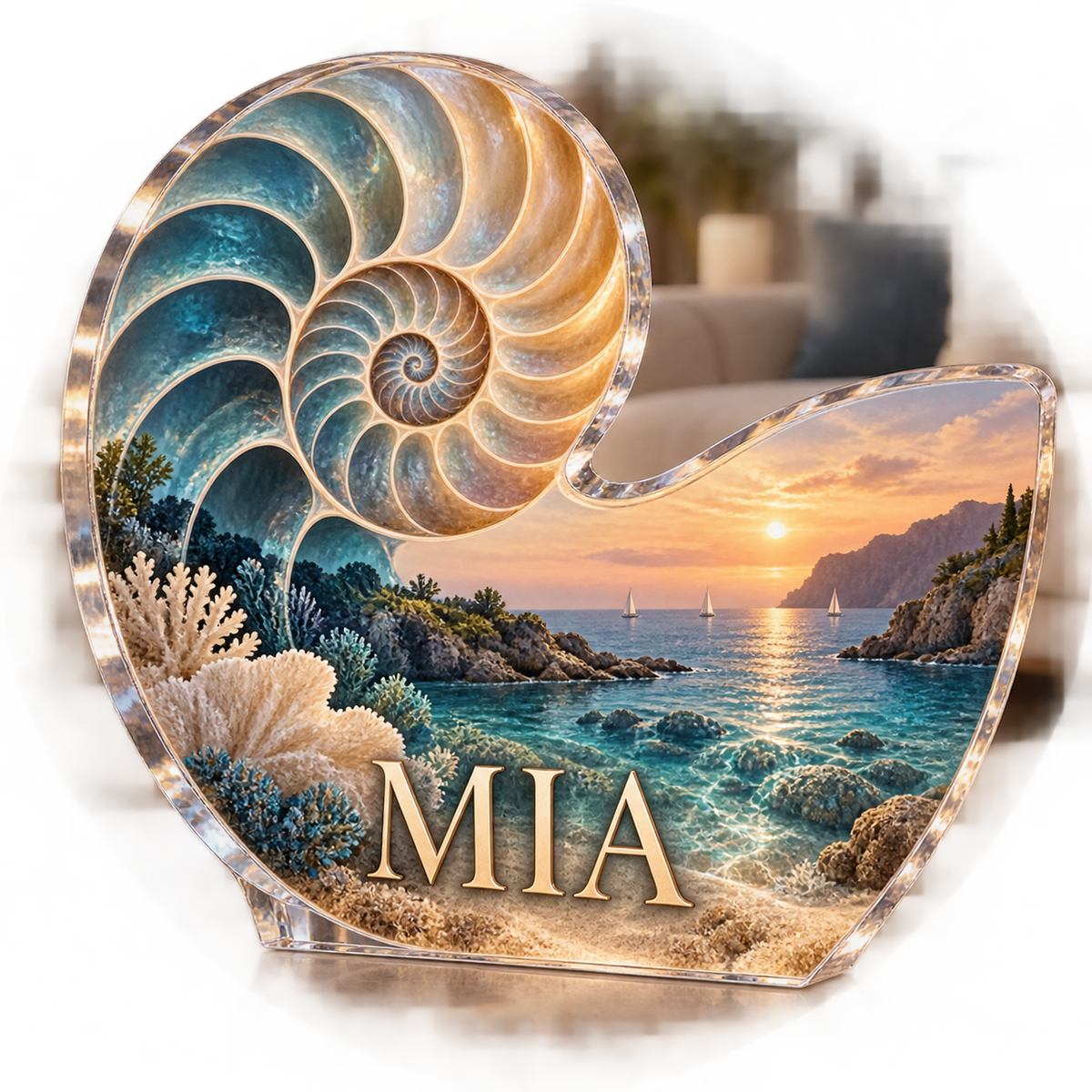 Artwork visualization: Nautilus spiral — living room focal point, personalized MIA, subject-shaped acrylic with printed optical 3D depth; not carved relief.